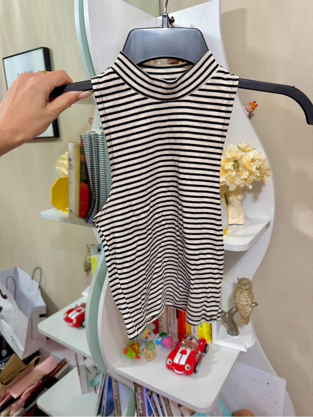Sleeveless Mock Neck Striped Tank Top - Black & White